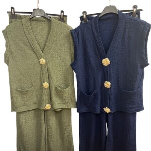 Co ord Set - Sleeveless with Pocket and Buttons - Rosie Design - Multiple Colours