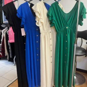 Evening Maxi Dress Smart Ruched Arms  Buttons Down - Pammy Range