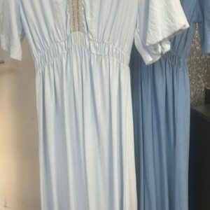 Long Dress With Gold Trim Along V Neck Elasticated Waist with Tiered Bottom - Beatrice Range