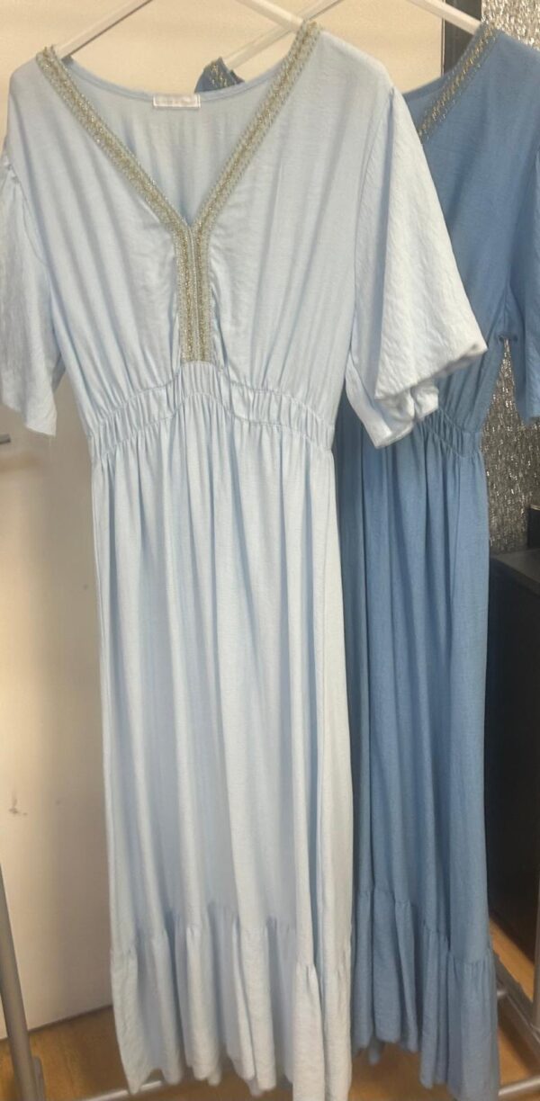Long Dress With Gold Trim Along V Neck Elasticated Waist with Tiered Bottom - Beatrice Range