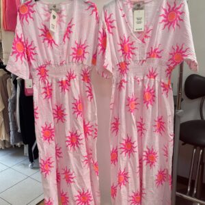 Summer Cheesecloth Dress Full Length Deep V Neck Elasticated Waist Sun Print Design - Imogen Range