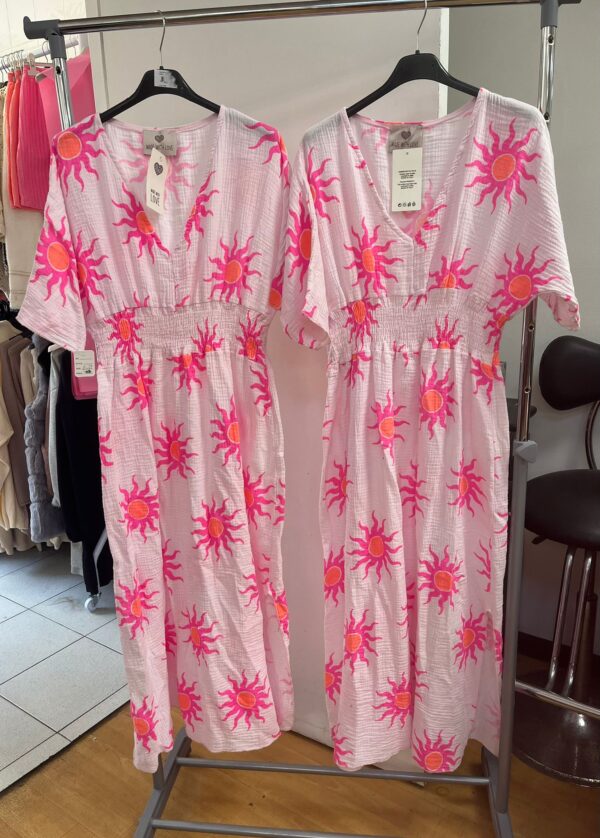 Summer Cheesecloth Dress Full Length Deep V Neck Elasticated Waist Sun Print Design - Imogen Range