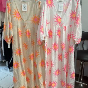 Summer Cheesecloth Dress Full Length Deep V Neck  Sun Print Design - Thea Range