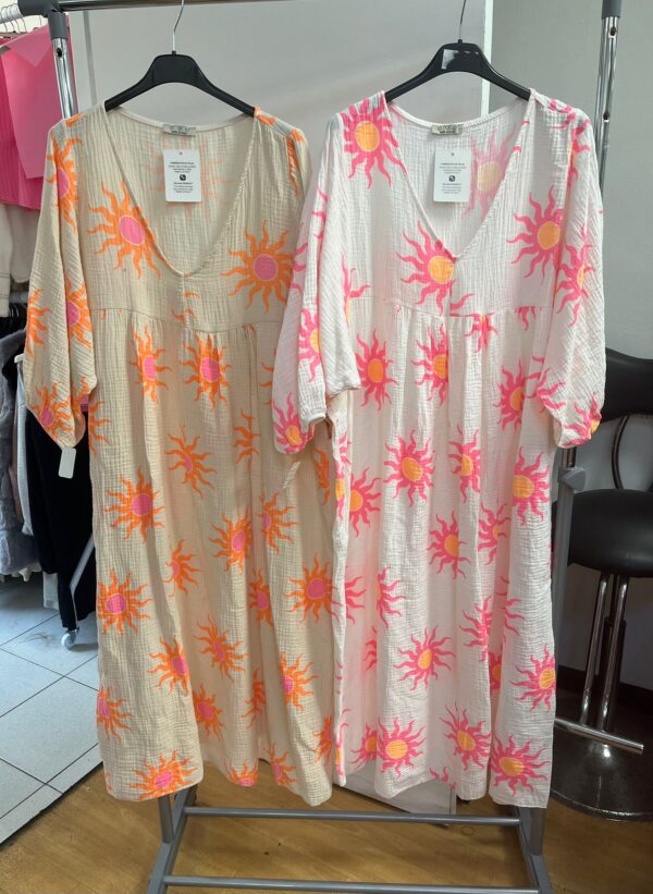 Summer Cheesecloth Dress Full Length Deep V Neck  Sun Print Design - Thea Range