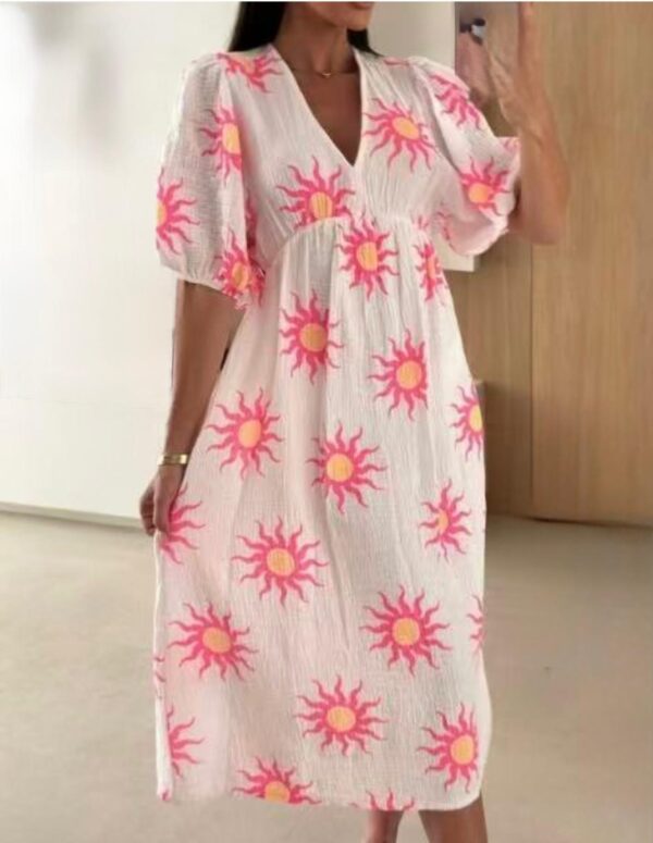 Summer Cheesecloth Dress Full Length Deep V Neck  Sun Print Design - Thea Range - Image 2