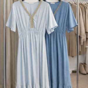 Long Dress With Gold Trim Along V Neck Elasticated Waist with Tiered Bottom - Beatrice Range