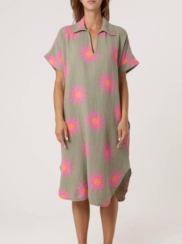 Sun Print with Collar Cotton Maxi Dress - Summer Range - In Multiple Colours - Image 2