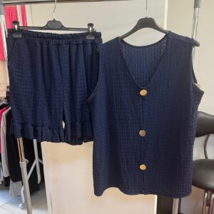 Cheese Cloth Shorts Co Ord Set Button Front Sleeveless - Tatiana Range Navy Only