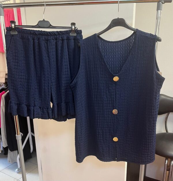 Cheese Cloth Shorts Co Ord Set Button Front Sleeveless - Tatiana Range Navy Only
