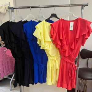 Playsuit With Ruffled Neck Line Short Sleeves Plunging Neck Line - Elsa Range