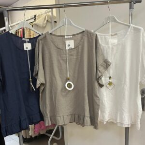 Cheesecloth Style Top Round Neck with Tier Hem 3/4 Length Sleeves Necklace - Vickie Range