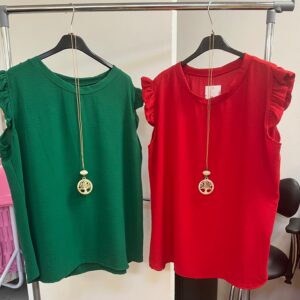 Plain Style Top Round Neck with Ruffle Arms Capped Sleeves Necklace - Coral Range