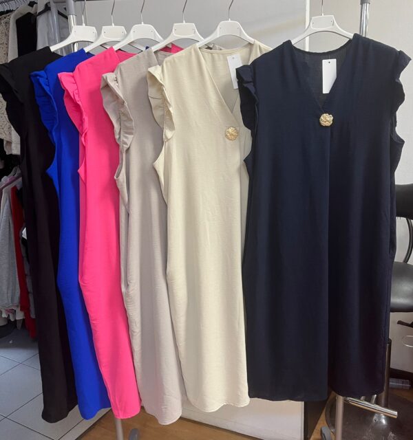 Ladies Dress Frill Sleeves Detail One Button on neckline Non Crease- Tracey Range