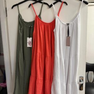Cheese Cloth Mid Length Spaghetti Strap Slip Dress 3 Tier Solid Colour - Leyla Range Different Colours