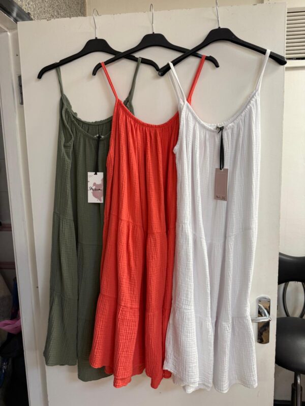 Cheese Cloth Mid Length Spaghetti Strap Slip Dress 3 Tier Solid Colour - Leyla Range Different Colours