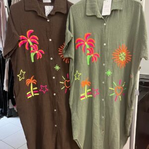 Cheesecloth Cotton Shirt Dress Full Buttons Down Front with Holiday Print - Cathy Range