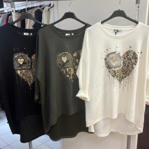 Ladies Top with Round Neck with Heart Motif Print - Heather Range