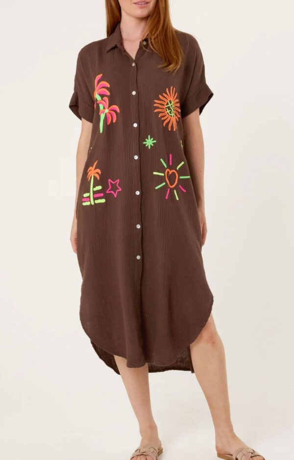 Cheesecloth Cotton Shirt Dress Full Buttons Down Front with Holiday Print - Cathy Range - Image 2