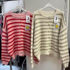 Wool Knit Fluffy Soft Cardigan Stripe Design Full Button up Front -  Alwin Range