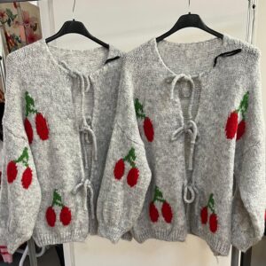 Wool Knit Cardigan with Cherry Design Front Tie Bows - Cherry Range