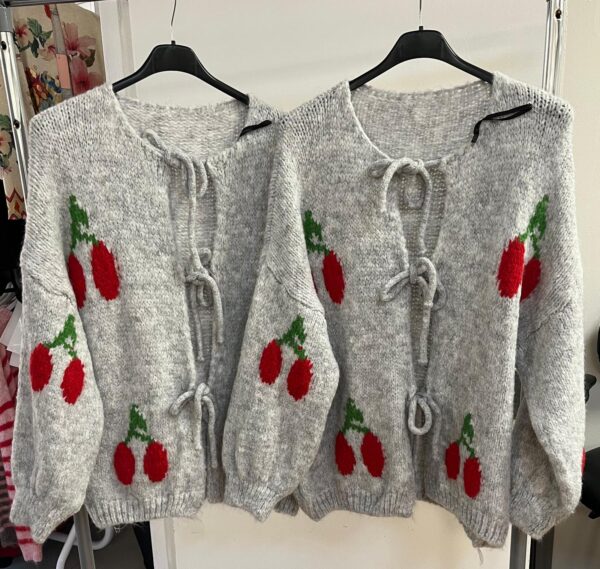 Wool Knit Cardigan with Cherry Design Front Tie Bows - Cherry Range