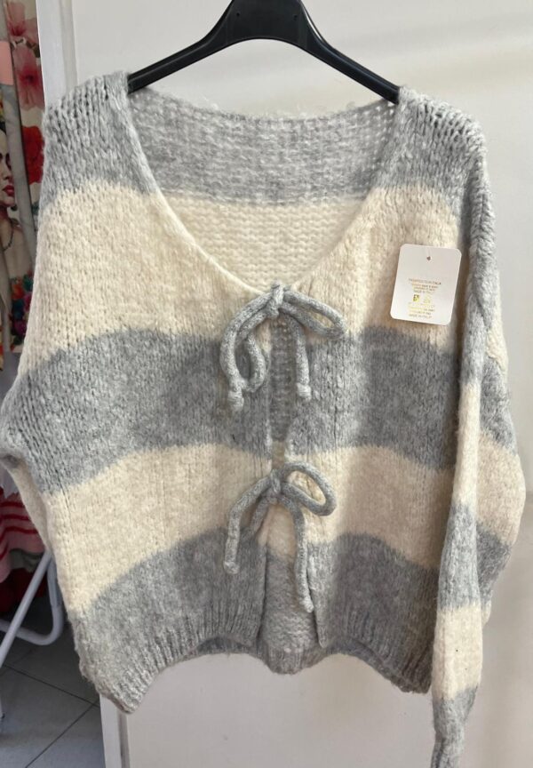 Wool Knit Cardigan with Vertical Stripe Design Front Tie Bows - Rowan Design 4 Colours Available - Image 3