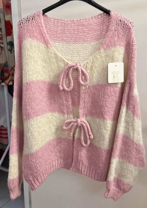 Wool Knit Cardigan with Vertical Stripe Design Front Tie Bows - Rowan Design 4 Colours Available - Image 2