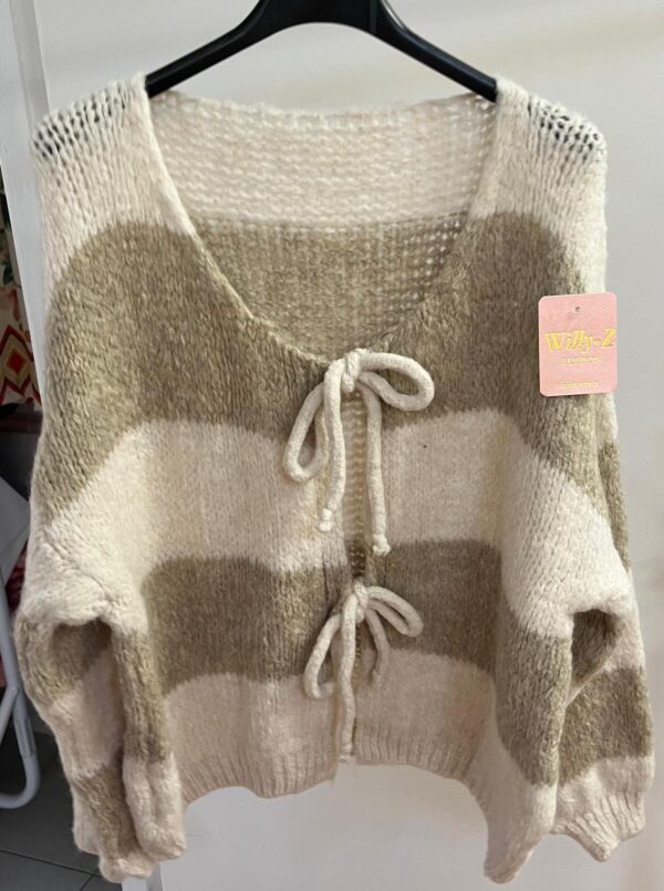 Wool Knit Cardigan with Vertical Stripe Design Front Tie Bows - Rowan Design 4 Colours Available - Image 4