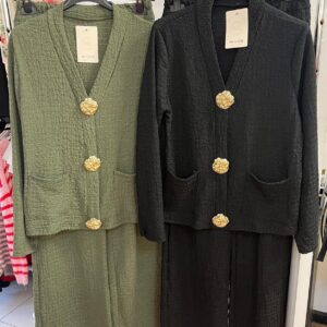 Cheese Cloth Co ord Set - Long Sleeve Gold Buttons and Pockets - Roslyn  Design - 2 Colours Available