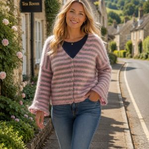 Wool Knit Fluffy Soft Cardigan Stripe Design Full Button up Front -  Alwin Range
