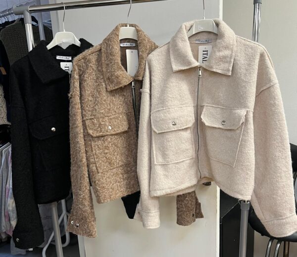 Ladies Wool Jacket Coat Short Shirt Style Long Sleeves with Pockets - Jose Lee Range
