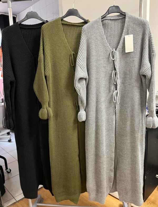 Wool Knit Oversized Long Cardigan Plain Design with Bow Ties   - Francis Range - Image 2