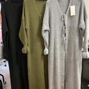 Wool Knit Oversized Long Cardigan Plain Design with Bow Ties   - Francis Range