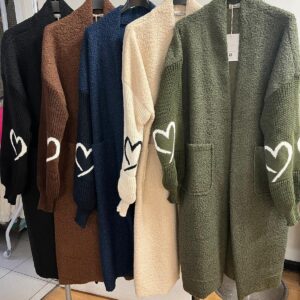 Wool Knit Oversized Long Cardigan with Knit Arm and Heart Design - Lainey Design