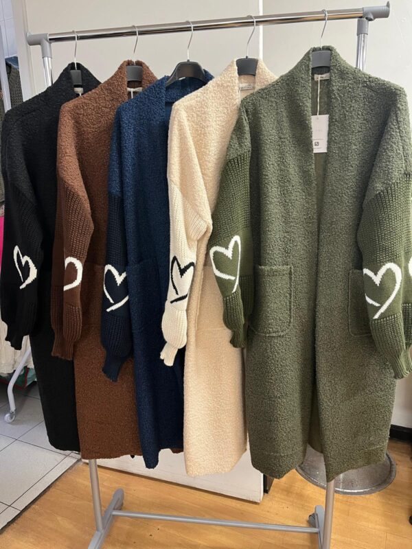 Wool Knit Oversized Long Cardigan with Knit Arm and Heart Design - Lainey Design