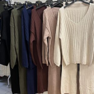 Co ord Sets Ribbed in Straight Leg V Neck - Karan Range