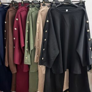 Co ord Plain Sets with Button design on both arms Round Neck Long Arm Straight Wide Leg - Luna Range
