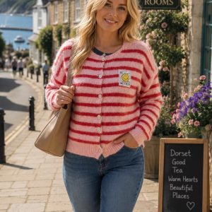 Wool Knit Fluffy Soft Cardigan Stripe Design Full Button up Front -  Ally Range