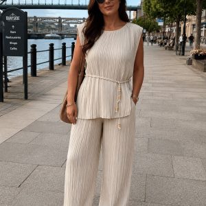 Pleated Co-Ord Set Pleated Design with Tie Waist Capped Sleeves Trouser Set - Portland Range