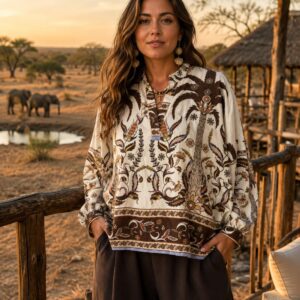 Ladies Top with Apache Farm Design V Neck  Long Sleeve - Apache Range