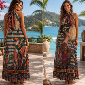Long Length Dress with Halter Neck Large Geisha Lady Print Design  - Geisha Range