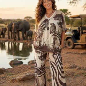 Zebra Design Co Ord Trouser Set V Neck Full Length Trousers Short Arms - Zebra Range