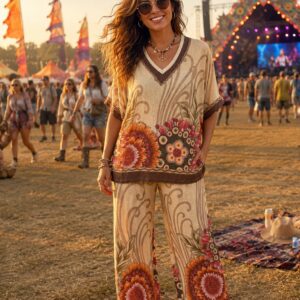 Flower Power Design Co Ord Trouser Set V Neck Full Length Trousers Short Arms -Two Designs Festival Range