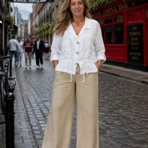 Ladies Linen Short Collared Jacket with Buttons and a Tie  - Dublin Range