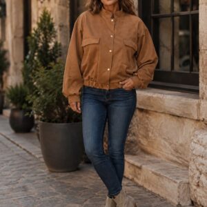 Ladies Faux Suede Bomber Jacket High Funnel Neck Flap Pockets Elasticated Hem - Dolly Range