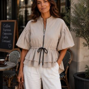 Ladies Zip up Jacket / Top Balloon Sleeves Flattering Drawstring Waist Tiered Frill Hem  - Shania Range