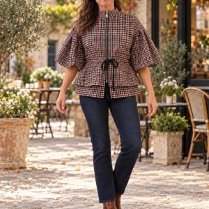 Ladies Fitted Jacket High Zip Neck Checked Design with Tie Waist - Check Range